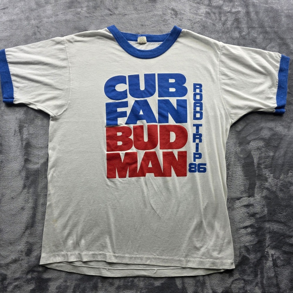 Screen Stars Bud Man T Shirt Large White Mens Ringer Cotton Blend 1986 Road Trip